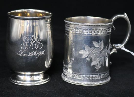 A Victorian engraved silver christening mug by Mappin & Webb and one other later silver christening mug.